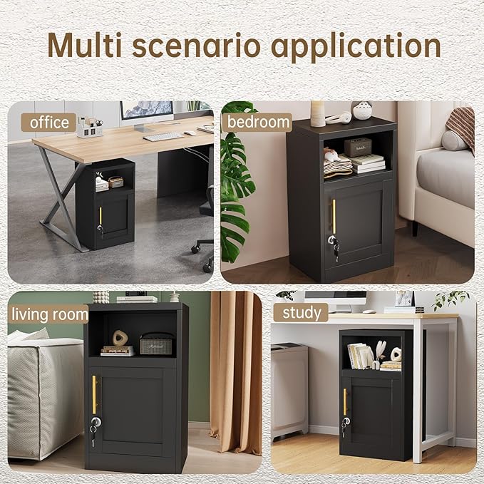 27" Metal Nightstand with Locked Doors, Small Sidetable with Storage Shelf, Storage Cabinet for Bedroom, Metal End Table for Home, Office Black