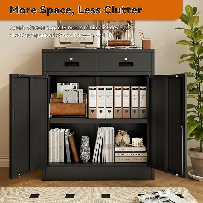 BESFUR Metal Storage Cabinet, Garage Storage Cabinet with 2 Drawers and Adjustable Shelf, Locking Short Storage Cabinet for Office Garage Home, Black Metal Cabinets(36" H x 31.5" W x 16" D)