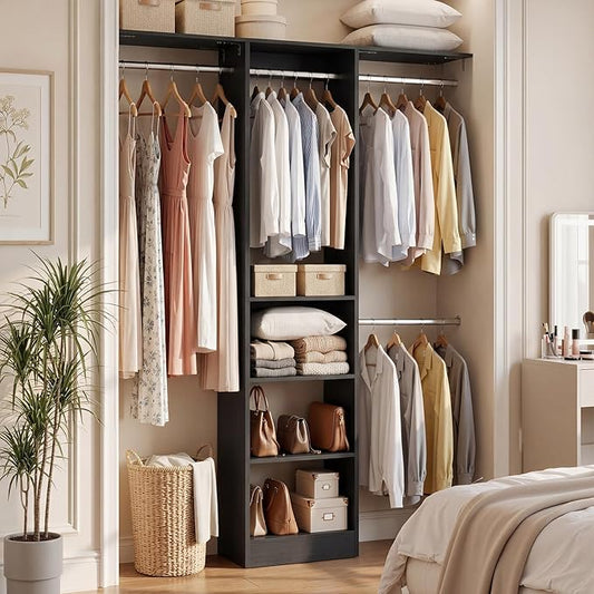 Cyclysio 4FT Small Closet System, 80"H Closet Organizer System with 4 Closets Rods & 3 Shelves, 48" Closets Organizers and Storage for Small Bedrooms, Laundry Rooms, Cloakrooms, Black