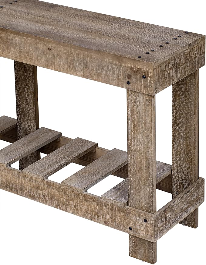 62.9-Inch Extra-Length Tabletop Vintage Entryway Table, Solid Cedar Wood Console Table with 6 Reinforced Legs, Metal Rivet Decor and Plank Under-Shelf for Hallway, Living Room (Natural-J41)