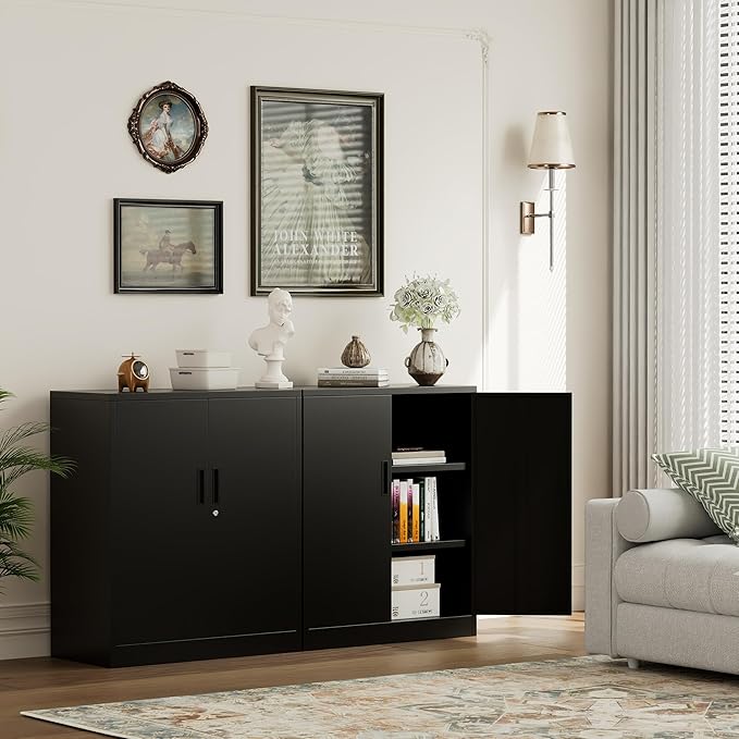 Metal Garage Storage Cabinets,Metal File Cabinet with 2 Adjustable Shelves, Lockable Storage Cabinets for Office, Home, Garage, Warehouse 36" H x 31.5" W x 15.7" D (Black)