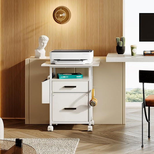 File Cabinet Printer Stand, Fabric Mobile Filing Cabinet with 2 Storage Drawers, for Hanging A4, Letter Size File Folders, Open Shelf with Storage Bag and Hooks Home Office, White