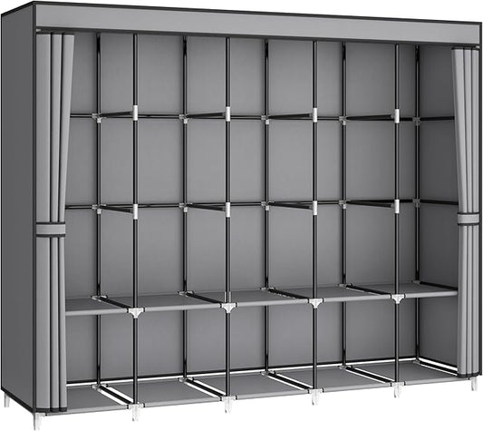83 Inch Wide Portable Closet Wardrobe, Clothes Storage Rack Organizer with Cover, 5 Clothes Hanging Rods and 10 Storage Shelves, Grey
