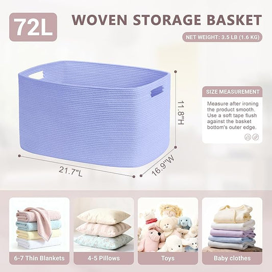 72L Large Baby Girls Laundry Basket for Nursery Storage,Cute Woven cotton Rope Baskets for Kids Toy,Gifts, Boho Square Wicker Blanket hamper for Living Room,Bedroom Dirty Clothes,Blue Purple