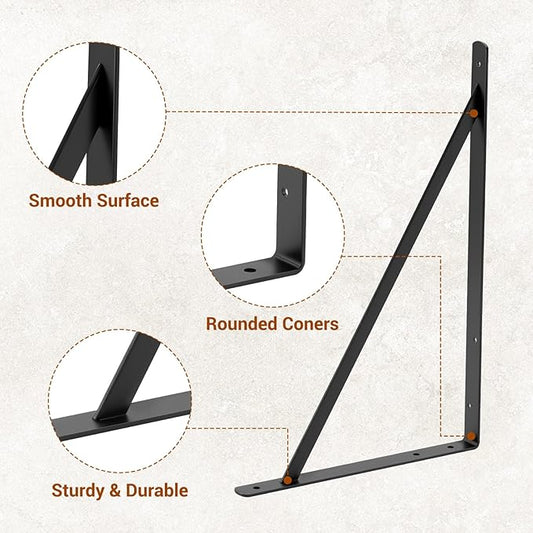 HOME MASTER HARDWARE 20inch x 13 inch Black Heavy Duty Shelf Brackets 4-Pack, Metal L Brackets with Screws - 90 Degree Angle Brackets for Shelves, Floating Shelf & Wall Mounted Shelf Support