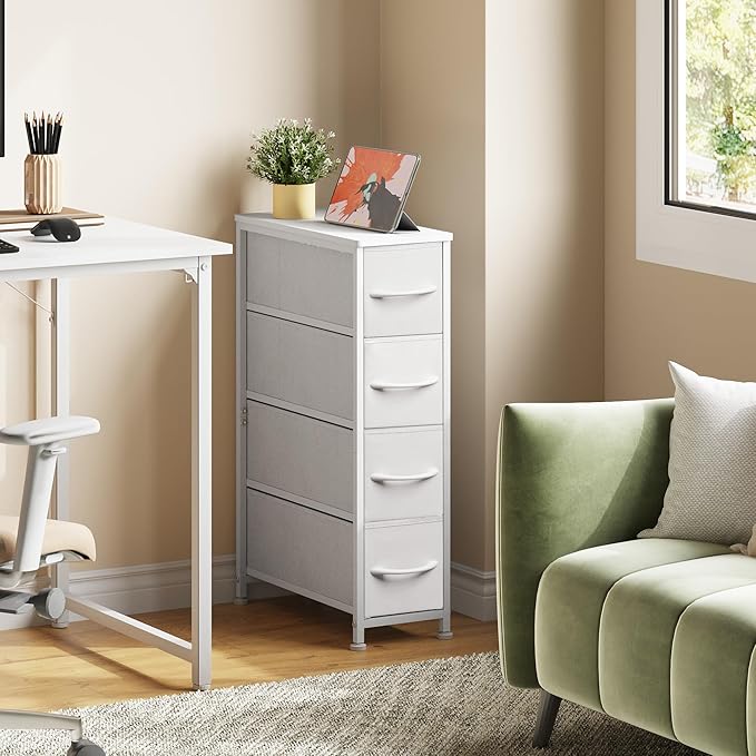 Narrow Dresser Storage Tower with 4 Drawers, Slim Dresser Chest of Drawers with Steel Frame, Wood Top, Dresser for Bedroom, Bathroom, Small Spaces, Laundry, Closet (White)