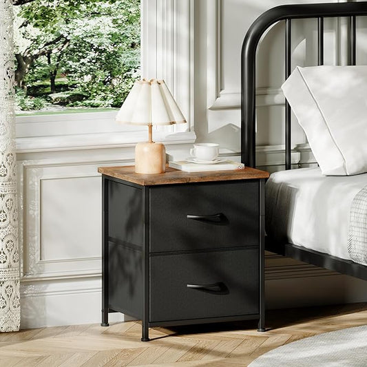 Somdot Nightstand Set of 2 with 2 Storage Drawers, Small Bedside Table End Table, Wooden Top Fabric Cabinet for Bedroom, Kids Closet, College Dorm, Entryway, Black Rustic Brown
