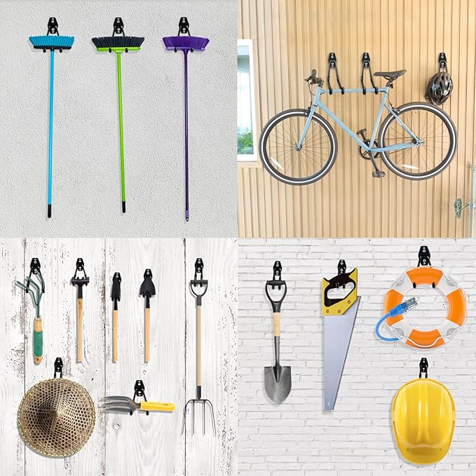Heavy Duty Garage Hooks 4 Pack, 7.7 inch U Shaped Long Hanger, with 2 Extension Cord Holder Organizer, Wall Mounted Storage System, for Power and Garden Tool Hanging, Ladders, Bikes, Hose