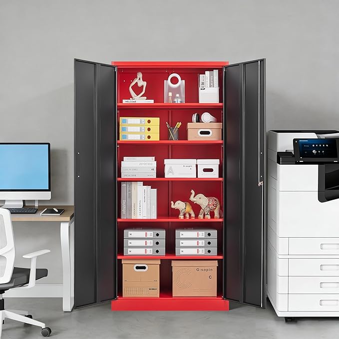 Metal Garage Storage Cabinet with Lock,72 Inch Tall Cabinet with 2 Doors and 5 Adjustable Shelves,Steel Storage Cabinets for Garage,Home Office,Pantry,School(Red & Black)