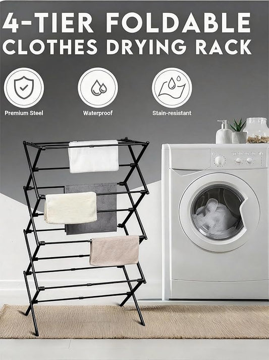 4-Tier Clothes Drying Rack, 4ft High Foldable Drying Rack Clothing for Indoor & Outdoor, Portable Collapsible Laundry Dryer for Laundry Room and Apartment, Black 29" L x 49" H x 11.5" W
