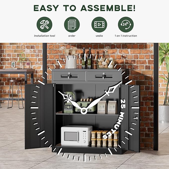 Greenvelly Metal Storage Cabinet, 36" H Lockable Storage Cabinet with 2 Drawers and Adjustable Shelf, Locked Metal Cabinets for Office, Garage, Home (Black)