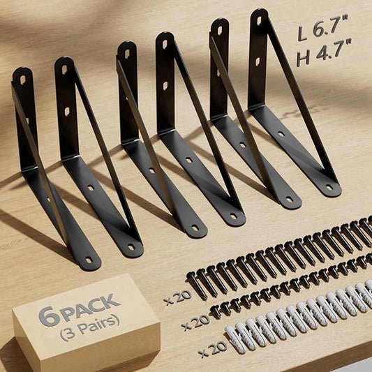 6.7x4.7 Shelf Brackets 6-Pack, Shelf Support Shelf Holder Steel Wall Mount Heavy Duty Small L Shape Triangle 90 Degree Metal Black with Screws Anchors Soporte de Estante
