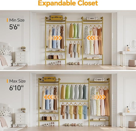 W3 Wall Mounted Closet System, Expandable Industrial Pipe Clothes Rack Clothing Rack for Hanging Clothes, Heavy Duty Garment Rack Closet Organizers and Storage Reach in Closet, Gold
