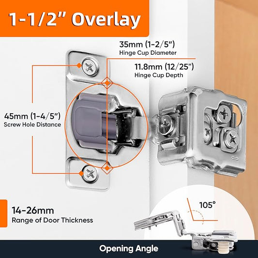 Decobasics 60 Pack Soft Close Cabinet Hinges 1-1/2" Overlay for Kitchen Cabinet Doors, Slow Self-Closing Concealed Hidden Hinges for Face Frame –Stainless Steel, 3-Way Adjustable & Quiet Close Damper