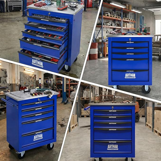 5-Drawer Rolling Tool Chest with Stainless Steel Countertop,Tool Chest with Secure Locking System,Mobile Storage Tool Cabinet with 360°Wheels and Padded Feet,for Home,Garage (Blue)