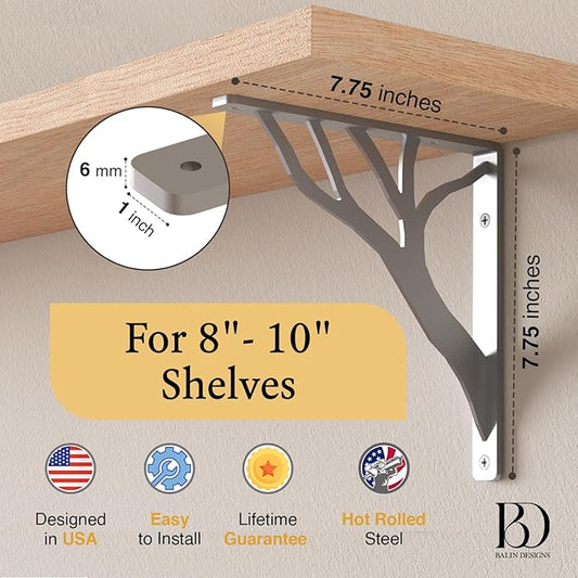 Rustic Tree Chrome Heavy Duty Shelf Brackets 8 inch by Balin Designs, Silver Decorative L Brackets, Iron Metal Floating Shelf Bracket, Wall Mount Shelving Bracket, Included Hardware, Set of 4