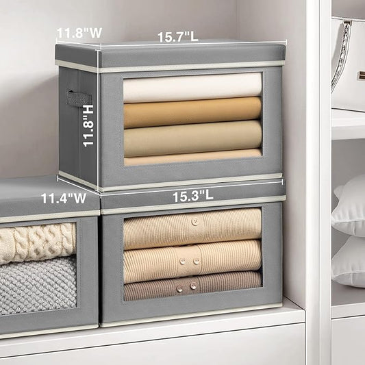 Storage Bins with Lids, 3 Pack Large Storage Cubes with Window, Closet Bins with Lids & Handles, Fabric Box for Organizing Clothes, Towels, Books, Grey