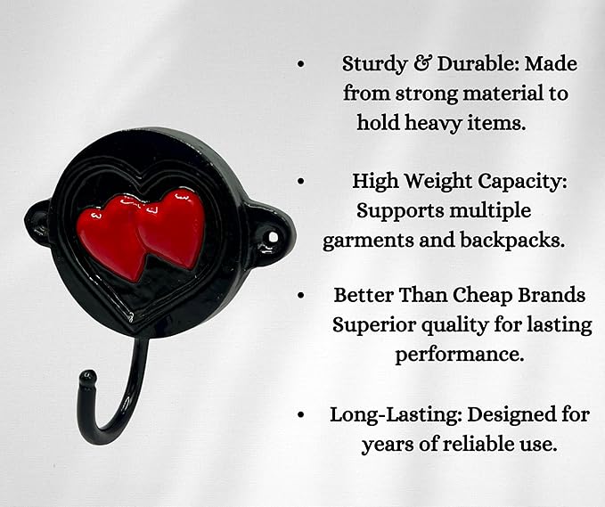 Aluminium Heart Print (1-Pack) Single Wall Hooks, Black Heart Themed Hooks for Hanging Leash, Dog Harness, Wall Mount Hanger, Organization Decorative Wall Hook (Heart)