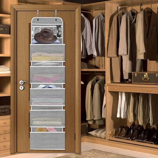 Sturdiness Over The Door Organizer, 6 Tiers Anti Tilt Hanging Behind Door Storage, Heavy-Duty Reinforced Mesh Rack Holds 44lb for Bathroom,Pantry, Nursery,Closet, Shoes, Towels,Grey