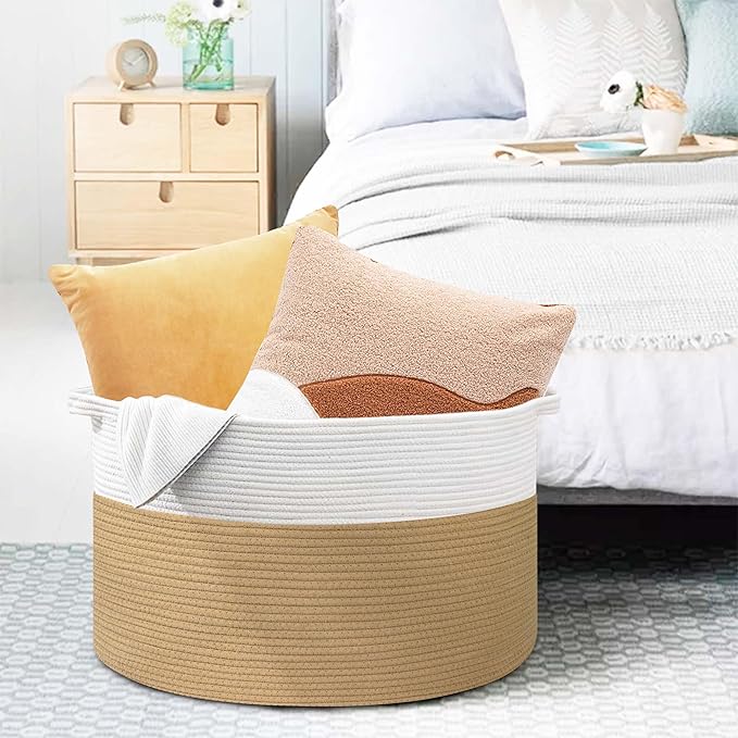 Extra Large Storage Basket, 22” x 22” x 14” Cotton Rope Bins for Storage, Wicker Baby Laundry Basket, Kids, Woven Kids Toy Bin Box, Decorative Baskets for Organizing Clothes, Towels, Blankets