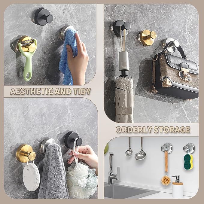 2026 Upgraded Drill-Free Suction Cup Hooks, Stainless Steel Suction Cup Hooks for Shower, Mirror, Wall, Bathroom, Glass, Hanging Towels - 4 Pack, Gold