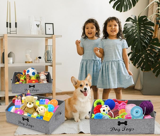 Geyecete 3 Pack Large dog toy bin dog toy box storage box - Foldable Fabric Trapezoid Organizer Boxes with Handle for Dog Toys (Snow Gray-DOG)