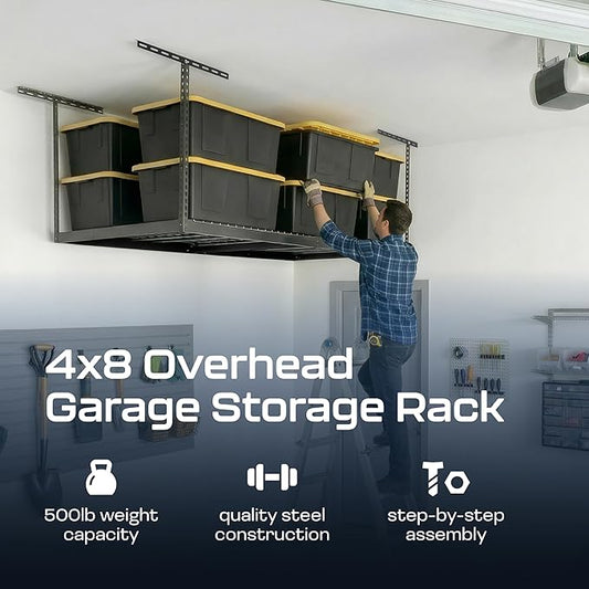 MonsterRax Overhead Garage Storage Rack - 4 x 8 Ceiling Racks for Garage Shelving, Organization, Adjustable Hanging Storage, Grey, 12"- 21" Height Adjustment