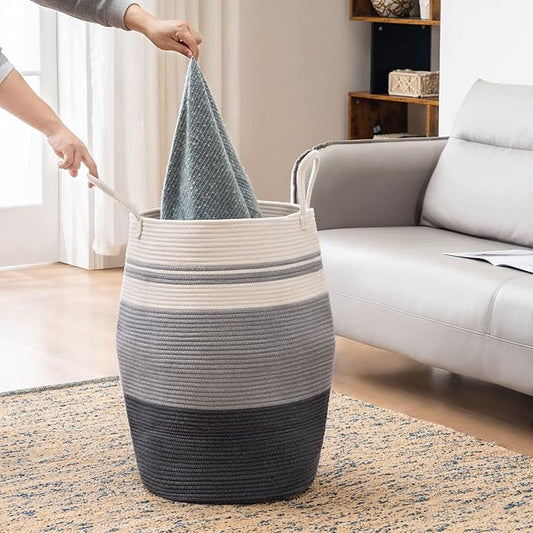 Cotton Rope Laundry Hamper by YOUDENOVA, 105L - Woven Collapsible Laundry Basket - Clothes Storage Basket for Blankets organizing, Bedroom Storage, Clothes Hamper – Grey