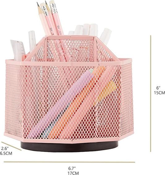Annova Mesh Desk Organizer Rotate with 5 Compartments Spinning Tidy Candy/Pen Holder Office, Art Supply, Storage, Classroom, Home (Light Pink)