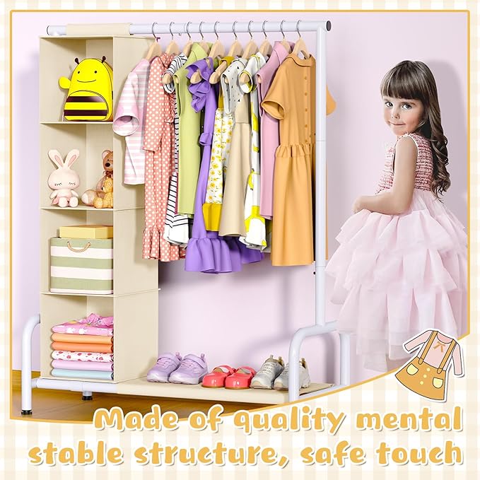 Univivi Kids Clothing Rack with Hanging Organizer, Child Dress Up Storage for Hanging Clothes, Kids Wardrobe Closet for Baby Clothes, Dance Costumes, Dance Costume Garment Rack, Beige/White