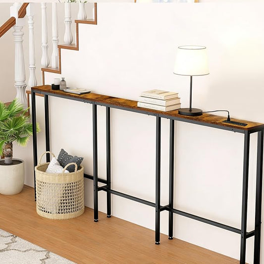 78" Narrow Console Sofa Table with Power Outlets & 2 USB Ports, L Shaped Behind Couch Table Skinny, 3 Assembly Options Entryway Tables with Charging Station for Living Room, Hallway, Brown, 78IN