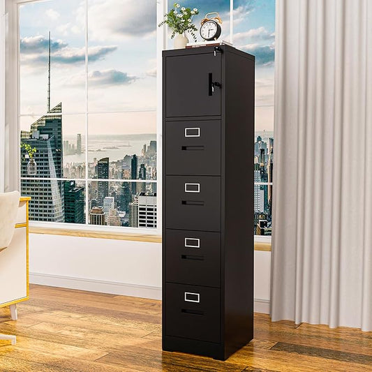 4 Drawer Metal Locking File Cabinet with 1 Door Heavy Duty Lockable Filing Cabinets Home Office Steel File Cabinet Black Vertical File Cabinets for Legal/Letter Size File,Assembly Required
