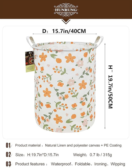 HUNRUNG Laundry Hamper,Large Canvas Fabric Lightweight Storage Basket Toy Organizer Dirty Clothes Collapsible Waterproof for College Dorms(Round-Orange Flower)