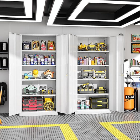 Greenvelly White Metal Storage Cabinet for Garage, 72” Steel Locking Cabinet with Doors and 4 Shelves, Tall Tool Cabinets for Garage Storage Systems Lockable File Cabinet for Home Office, Classroom