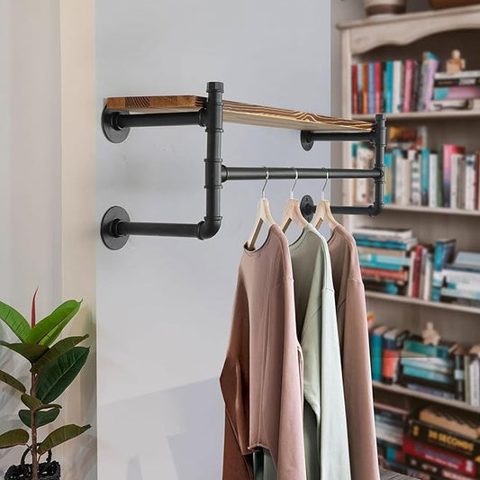 WEBI Wall Mounted Clothes Rack with Shelf,41.3" Long Industrial Pipe Clothing Rack with Shelves,Heavy Duty Iron Garment Rack Bar,Retail Display Clothes Rod for Clothes,Laundry Room,Black