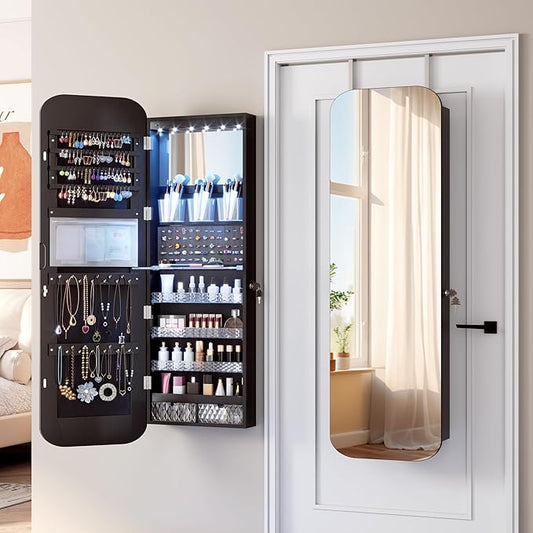 Vlsrka 6 LEDs Mirror Jewelry Cabinet Door Hanging, 47.2" Wall Mounted Jewelry Cabinet, Lockable Full Length Mirror with Storage, Rounded Corner Mirror Jewelry Organizer, 2 Drawers, Black