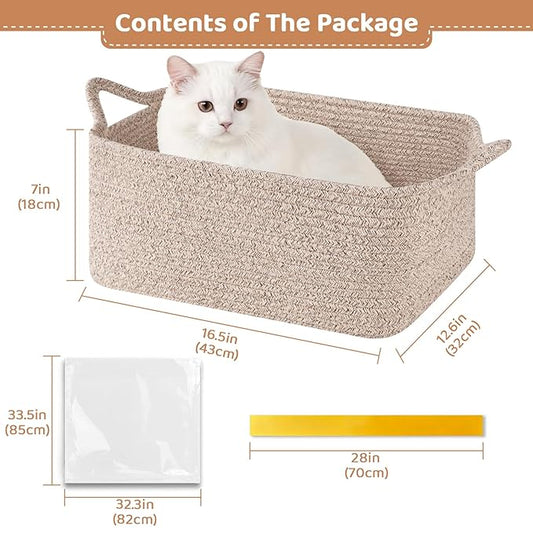 Large Empty Gift Baskets for Baby Shower, 16.5" L x 12.6" W x 7" H Cute Woven Storage Basket with Gift Bags and Ribbons, Small Rope Toy Basket with Handles, Cat Dog Pet Toy Organizer - Brown