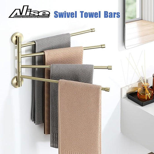 Alise Swing Out Towel Rack,Folding Hand Towel Bar 4 Bars Arm Towel Holder Towel Hanger for Bathroom Wall Mount,Space Saving Towel Rail,SUS304 Stainless Steel Brushed Gold