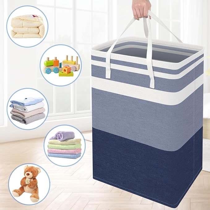 BlissTotes 3-Pack Laundry Basket, Freestanding&Waterproof Laundry Hamper, Collapsible Tall Clothes Hamper with Easy Carry Handles for Clothes, Towels in the Family and Dorm,Gradient Blue,88L