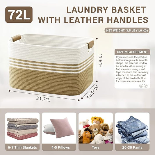 72L Large Laundry Basket with Leather Handles for Living Room Storage, Woven Rope Baskets Bin for Blanket, Kids Toy, Gifts, Wicker Hamper for Bedroom Dirty Clothes, 22"x17"x12" Khaki