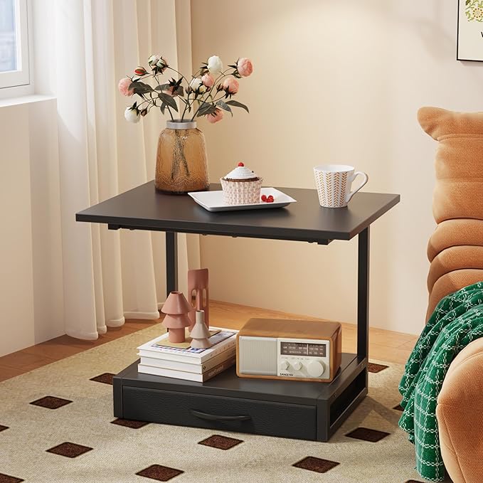YAOHUOO 2-Tier Desktop Printer Stand with Fabric Drawer, Prtiner Table with Storage Shelf, Desk Organizer for Home Office,3D Printer,Fax Machine,Scanner, 19.6"x14.9" Black