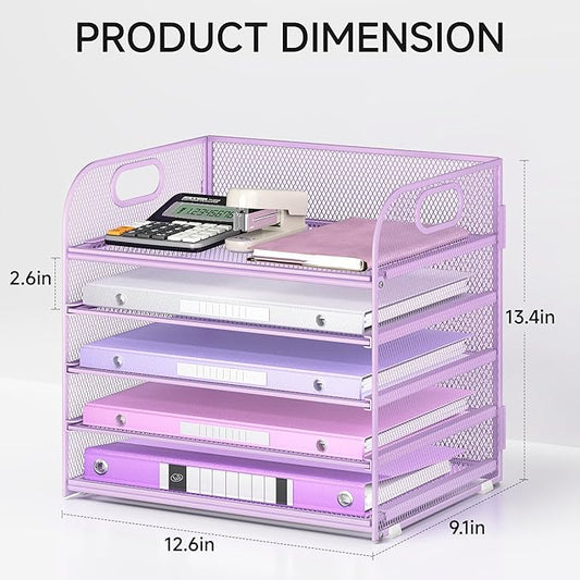 Lavatino Desk Letter Tray Paper Organizer, 5-Tier with Handle Metal Mesh Desktop File Organizer Paper Holder for Classroom Office Desk Accessories- Purple