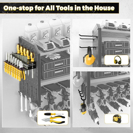 KAFAHOM Power Tool Organizer,Large 8 Drill Holder Wall Mount ,Heavy Duty Metal Tool Shelf with 12 Hooks Storage Rack for Garage Organization,Utility Cordless Drill Holder and Battery Shelves