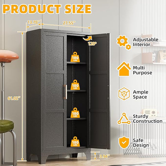 61"H Metal Pantry Cabinet with 2 Doors and 3 Adjustable Shelves,Food Storage Cabinet with Gold Handle for Kitchen,Dinning Room,Home Office,Living Room,Easy Assembly (Black,61"H x13.8"D x27.6"W)