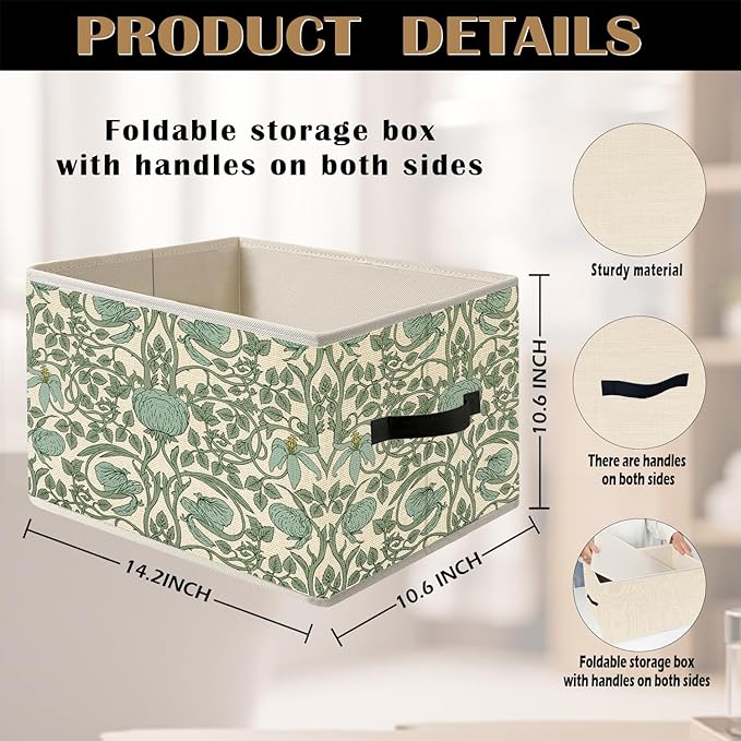 William Morris Inspired Vintage Pastel Green Floral Botanical Storage Bin Box with Handles,Green Vine Flowers Foldable Organizer Basket Toybox for Girls Room Bedroom Bathroom Clothes Toys Books