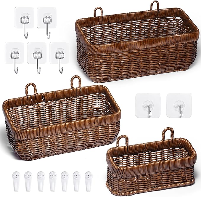 3 PCS Wall Mounted Woven Basket, Boho Kitchen Hanging Basket, Wall-Mounted Planters Holder With Hooks, Storage Boxes For Home Decor, Porche, Indoor And Outdoor, Cafe, And Offices(Brown-Set)