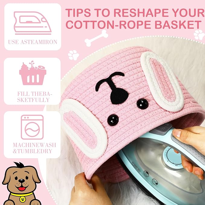 Zopeal Dog Woven Basket, 7.9" D x 6" H Cotton Rope Toy Storage Organizer, Dog Mom Gift Empty, Cute Laundry Puppy Gift Animal Basket for Clothes, Towels, Toy, Laundry, Bathroom, Home(Pink,White)