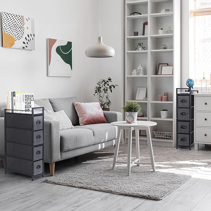 HAITRAL Narrow Dresser - 4 Drawers Slim Fabric Storage Cabinet - Vertical Standing Storage Chest - Gaps Tower Organizer with Removable Drawers and Wooden top for Laundry,Closet,Living Room,Entryway