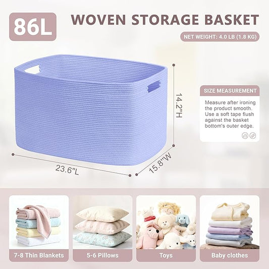 86L Large Baby Girls Laundry Basket for Nursery Storage,Cute Woven cotton Rope Baskets for Kids Toy,Gifts, Boho Square Wicker Blanket hamper for Living Room,Bedroom Dirty Clothes,Blue Purple