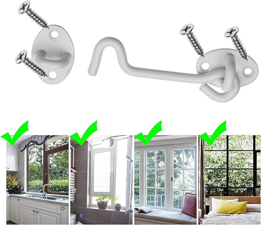 Kare & Kind Hook and Eye Latch (4-inch) - with Mounting Screws - Heavy Duty Locks for Door, Gates, Barns, Bathrooms, Cabins (2-White)